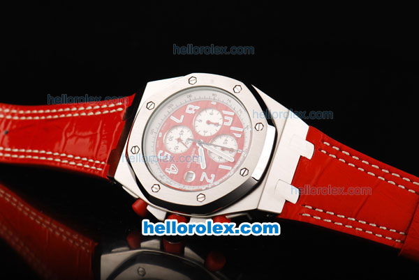 Audemars Piguet Royal Oak Offshore Japanese Miyota Quartz Movement with Red/White Dial and Silver Case-Red Leather Strap - Click Image to Close